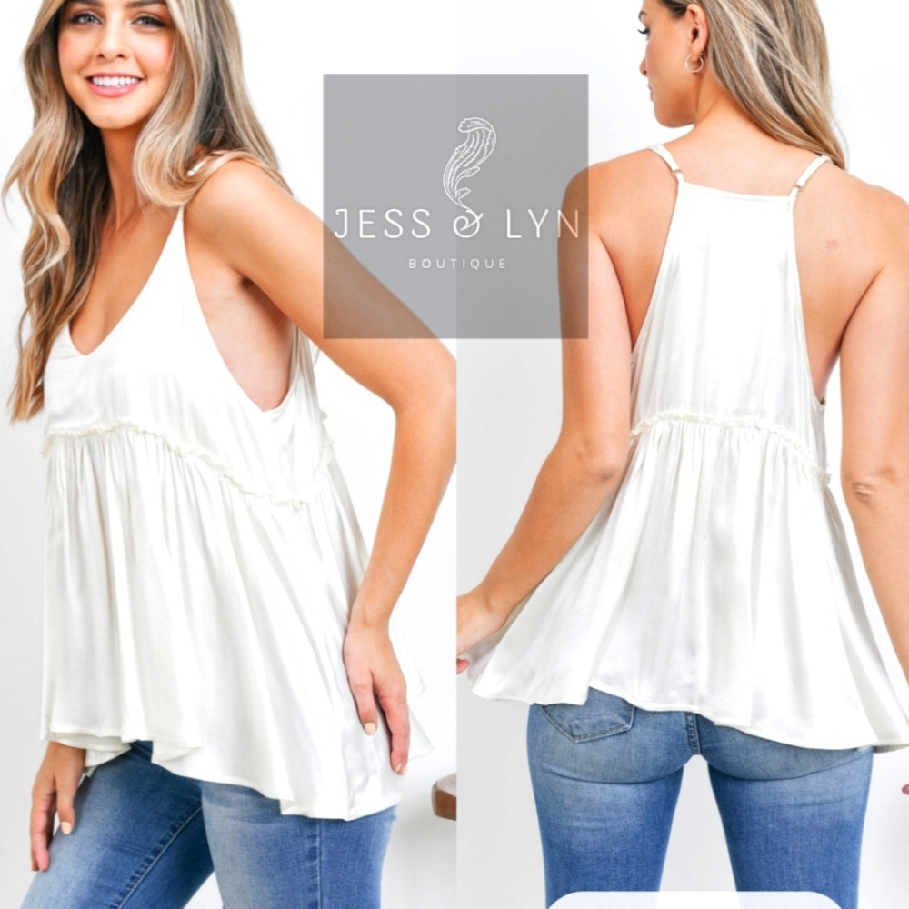 🆕Off White/Ivory Flowy Babydoll Boho Tank w/Adjustable Straps